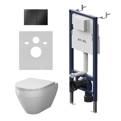 Унитаз подвесной безободковый с инсталляцией AM.PM Spirit 2.0 IS90238.701900 торнадо, сиденьем микролифт, черной механ. клавишей