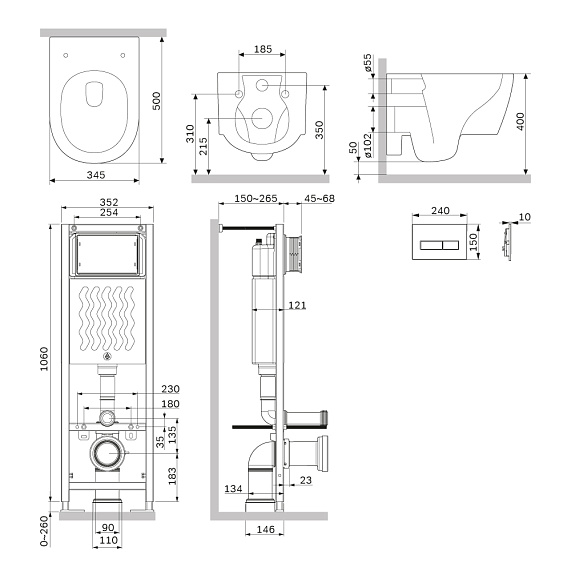 Унитаз подвесной безободковый с инсталляцией Damixa Jupiter IS110338.DX77C1700 сиденьем микролифт, черной механ. клавишей-1