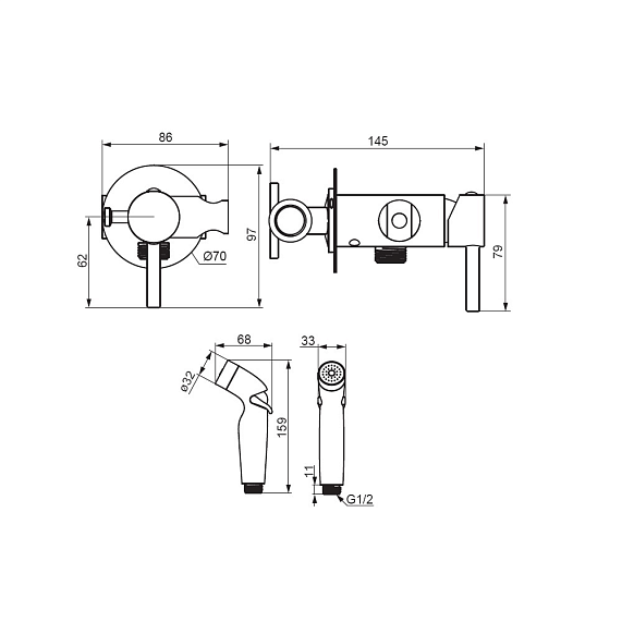 Гигиенический душ со смесителем Damixa Option 211000000 хром встраиваемый, шланг 1500, держатель-4