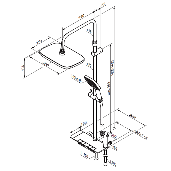 Душевая система Damixa Gala 953770300 стойка с тропическим душем, термостатом, смесителем, черная матовая-6