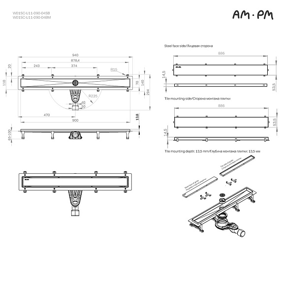 Душевой трап (лоток) 90 AM.PM MasterFlow W01SC-U11-090-04BM комбинированный затвор с черной матовой решеткой под плитку-23