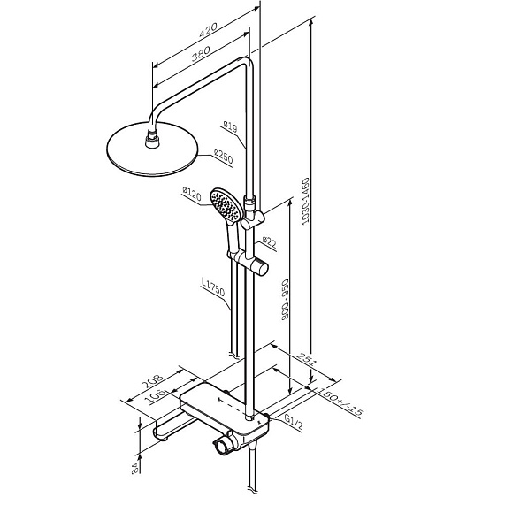 Душевая система AM.PM Like F0780700 стойка с тропическим душем, смесителем, изливом, хром-12