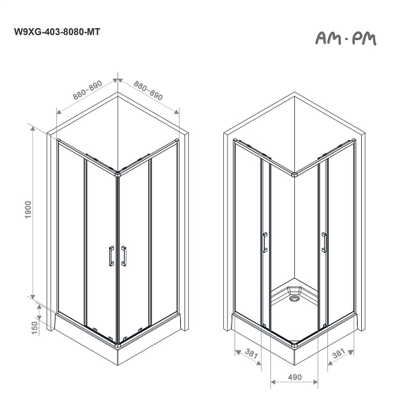 Душевое ограждение без поддона 90x90 AM.PM Above W9XG-403-9090-MT профиль серебристый-15