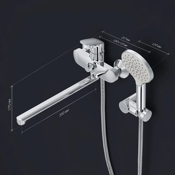 Смеситель для ванны и душа AM.PM Like F8095000 длинный излив, душевая лейка, шланг 1750, хром-7
