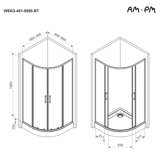 Душевое ограждение без поддона 90x90 AM.PM Above W9XG-401-9090-BT профиль черный-15