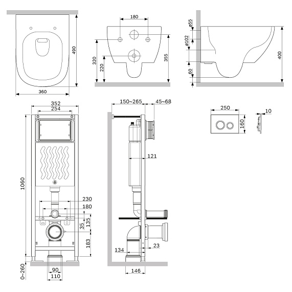 Унитаз подвесной безободковый с инсталляцией AM.PM Above IS110138.9X1900 сиденьем микролифт, черной механ. клавишей -1