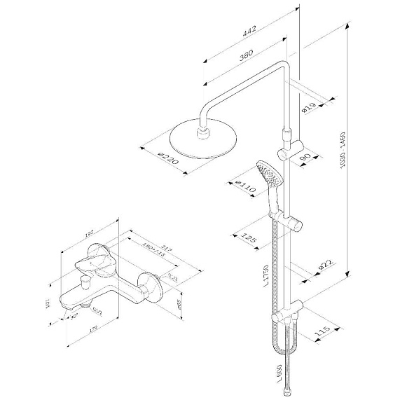 Душевая система AM.PM Sunny F40885C14 стойка с тропическим душем, смесителем, изливом, хром-9