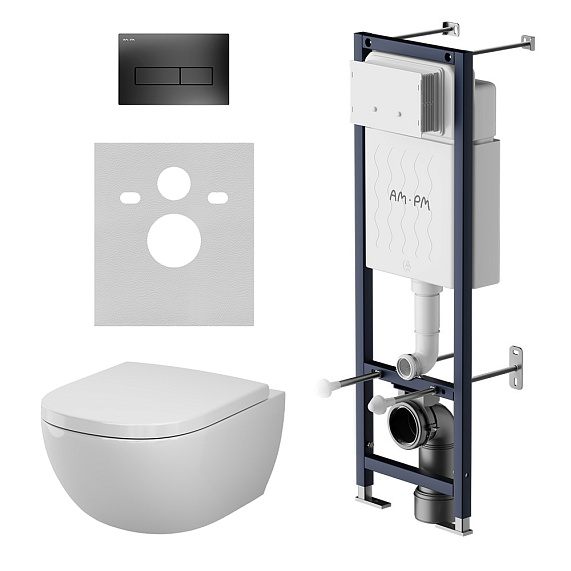 Унитаз подвесной безободковый с инсталляцией AM.PM Above IS110338.9X1900 сиденьем микролифт, черной механ. клавишей